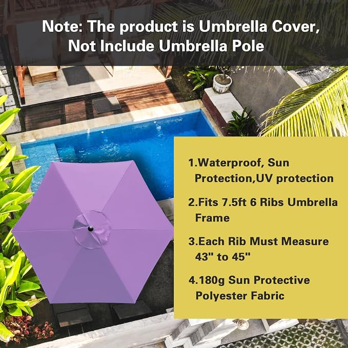 Sunnyglade 7.5ft Patio Umbrella Replacement Canopy Market Umbrella Top Outdoor Umbrella Canopy with 6 Ribs