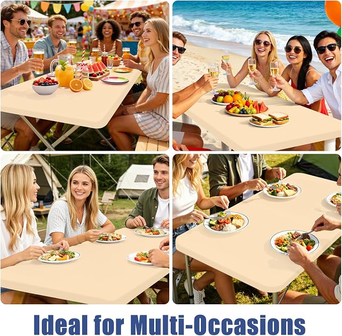 Moosfor 2 Pack Rectangle Spandex Fitted Table Cloth, 8FT Elastic Tablecloth | Washable Picnic Table Cover, Stretch Waterproof Table cloths for Party, Patio, Dining, Kitchen, 30" x 96", Ivory