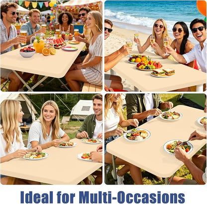 Moosfor 2 Pack Rectangle Spandex Fitted Table Cloth, 6FT Elastic Tablecloth | Washable Picnic Table Cover, Stretch Waterproof Table cloths for Party, Patio, Dining, Kitchen, 30" x 72", Ivory