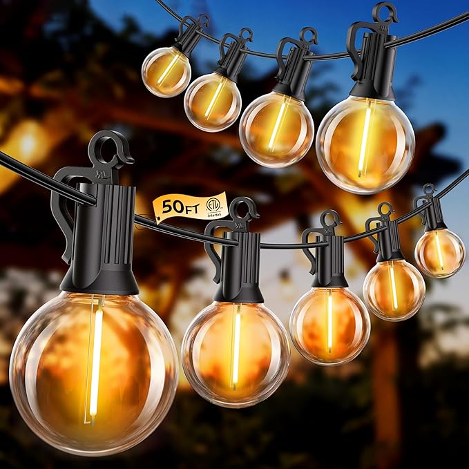 Outdoor String Lights, 50FT 25 LED Bulbs String Lights, IP65 Waterproof Connectable G40 Outside Patio Light for Backyard Porch Balcony Garden Decor Christmas Camping Gazebo