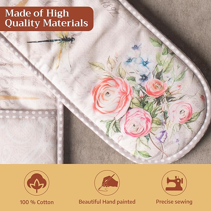 Maison d' Hermine Double Oven Mitts 100% Cotton 7"x35" Double Oven Mitt Heat Resistant BBQ Cooking Gloves with Loop Baking Grilling Kitchen Hotel Home Farmhouse Spring Summer (Champ De Mars)