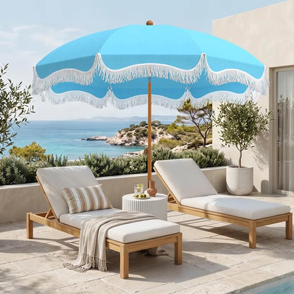 HERA'S PALACE 7 ft Heavy Duty Beach Umbrella with Sand Anchor, Fringe Umbrella for Sand, UV 50+, Patio Umbrella with Tilt Pole for Garden Pool Backyard