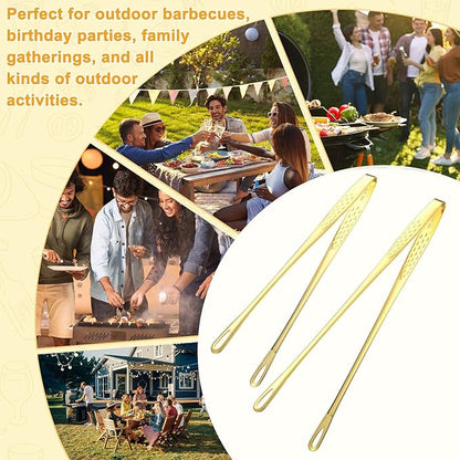 M METERXITY 2-Pack Extra Long Grill Tongs, 9.4/11 Inch Non-Slip 304 Stainless Steel Locking Tongs for Cooking/Buffet/Outdoor Barbecue, Korean BBQ Tweezers Metal Clamp Tool [Gold Tone]