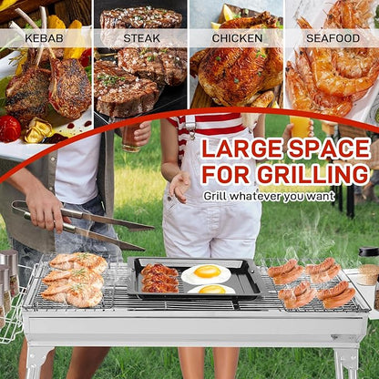 Karl home Portable Charcoal Grill, 39 x 12x 28" Foldable Barbecue Grill, Stainless Steel BBQ Grill for Cooking Outdoor Camping Garden Beach Party Hiking Picnic(Large)