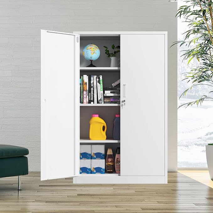 Metal Storage Cabinet with Locking Doors and 3 Adjustable Shelves, 53.5-Inch Lockable Storage Cabinets for Home Office Garage Kitchen Pantry (White)