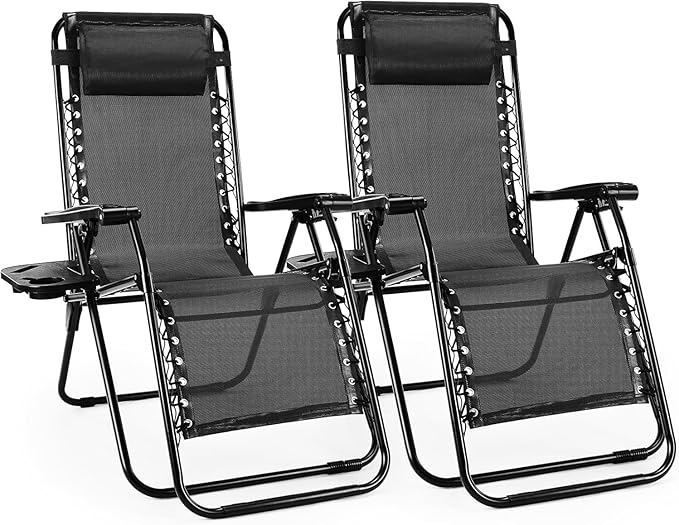 Alpen Zero Gravity Lounge Chair Set of 2, Patio Chair for Beach Pool, Black | Chaise Lounge Chairs for Outside, Portable Camping Chairs with Pillow and Cup Holder, Outdoor Recliner for Beach Camping