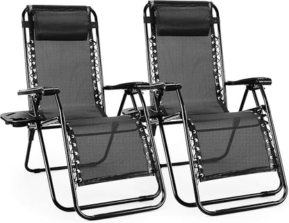 Alpen Zero Gravity Lounge Chair Set of 2, Patio Chair for Beach Pool, Black | Chaise Lounge Chairs for Outside, Portable Camping Chairs with Pillow and Cup Holder, Outdoor Recliner for Beach Camping