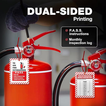 Fire Extinguisher Inspection Tags 2026-2029, Plastic 2.25 x 3 Inch Red for Indoor Outdoor Use, Durable Double-Sided Monthly Record and Pass Instructions, Include Zip Ties, 10 Pack