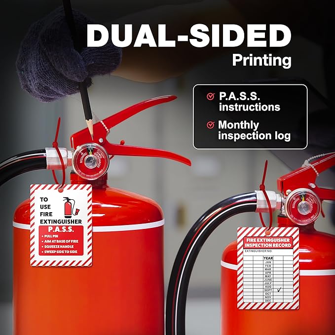 Fire Extinguisher Inspection Tags 2026-2029, Plastic 2.25 x 3 Inch Red for Indoor Outdoor Use, Durable Double-Sided Monthly Record and Pass Instructions, Include Zip Ties, 50 Pack