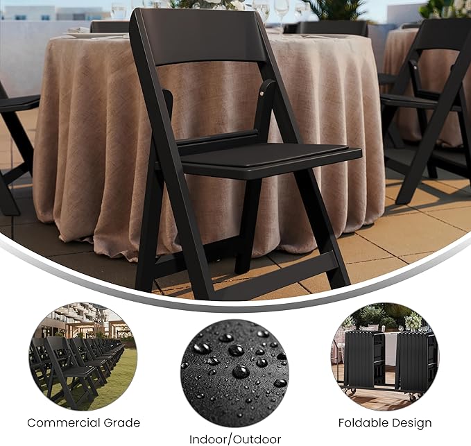 Flash Furniture Hercules Tucker Commercial Black Resin Folding Chair - Lightweight, Vinyl Padded Removable Seat, Indoor Outdoor Use, Event & Wedding Ready, Set of 2