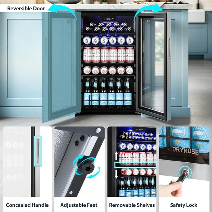 ORYMUSE 20 Inch Beverage Refrigerator, 145 Can Drink Fridge with Glass Door, Under Counter or Freestanding Beer Cooler, Compact Mini Fridge for Home Bar, Office & Kitchen, Stainless Steel