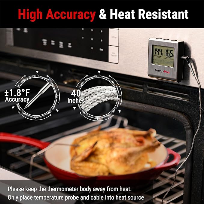 TempPro TP16 Large LCD Digital Meat Thermometer for Smoker Oven Kitchen BBQ Grill Thermometer Clock Timer with Stainless Steel Temperature Probe, Cooking Gifts for Father&Husband(Previously ThermoPro)