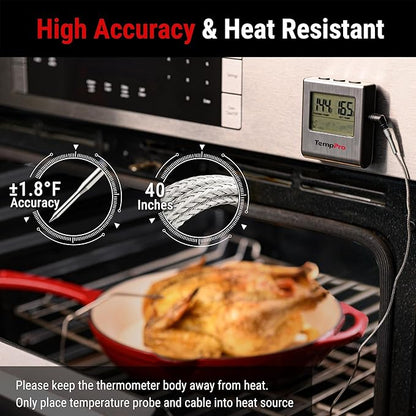 TempPro TP16 Large LCD Digital Meat Thermometer for Smoker Oven Kitchen BBQ Grill Thermometer Clock Timer with Stainless Steel Temperature Probe, Cooking Gifts for Father&Husband(Previously ThermoPro)