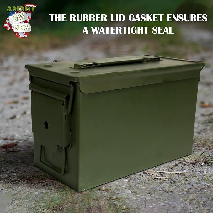 U.S. G.I. M2A1 50 Cal Ammo Can Organizer (OD Green) - Watertight Seal Metal Storage Box w/ Hinged Lid & Secure Latch – Ideal Ammo Can Surplus for Gear, First Aid, & Survival Supplies | First Aid | & Survival Supplies | Keeps Cans Locked In