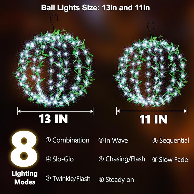 Joomer Solar Hanging Ball Lights Outdoor, 2-Pack 13in & 11in Total 264 LED Solar Globe Lights, 8 Modes Waterproof Metal Sphere Lights with Hooks for Patio Garden Decor - White