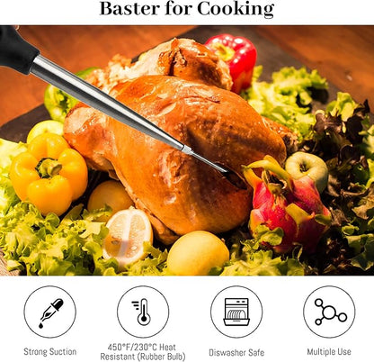 Turkey Baster Syringe for Cooking, Large Stainless Steel Meat Injector, with Cleaning Brush and 2 Marinade Needles, Black