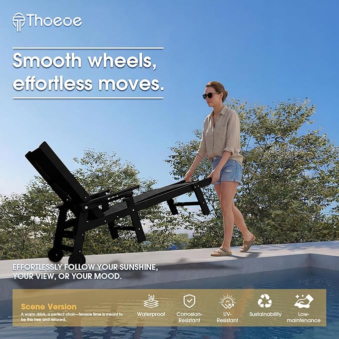 THOEOE Patio Chaise Lounge Chair, Oversized Lounge Chair Outdoor with 5 Positions, 78″ Long, HDPE, Patio Lounge Chair with Wheels & Cup Holder for Pool, Deck, Poolside,Black