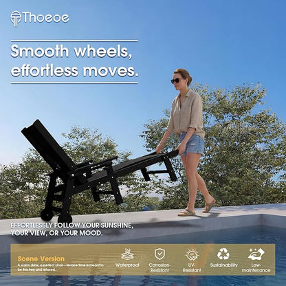THOEOE Patio Chaise Lounge Chair, Oversized Lounge Chair Outdoor with 5 Positions, 78″ Long, HDPE, Patio Lounge Chair with Wheels & Cup Holder for Pool, Deck, Poolside,Black