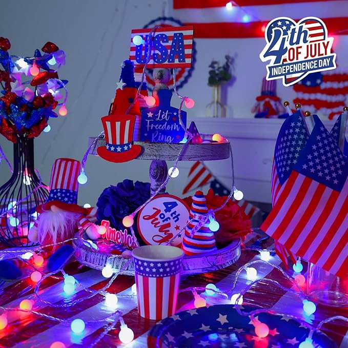 QITONG Red White and Blue Globe String Lights Outdoor, 33ft 100 LED 4th of July Globe Lights with Plug in, 8 Modes Clear String Lights for Indoor Patriotic Memorial Independence Day Decor