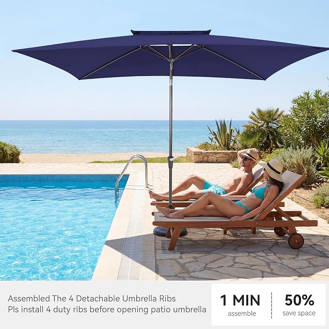 6.6 x 10 ft Rectangular Patio Umbrella, Outdoor Market Table Umbrella with Push Button Tilt and Crank, Double-Tier Vent, 6 Ribs, Rectangle Patio Umbrella for Backyard, Deck, Pool, Fits 4–6 Chairs and Tables (Navy)