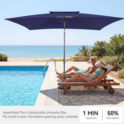 6.6 x 10 ft Rectangular Patio Umbrella, Outdoor Market Table Umbrella with Push Button Tilt and Crank, Double-Tier Vent, 6 Ribs, Rectangle Patio Umbrella for Backyard, Deck, Pool, Fits 4–6 Chairs and Tables (Navy)