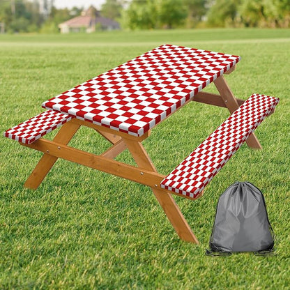 Picnic Table Cover with Bench Covers and Bag, Red and White Checkered Gingham Buffalo Plaid Camping Tablecloth Waterproof Windproof Elastic Edges Fitted Tablecloths for Outdoor Garden 3PCS 30x72 Inch