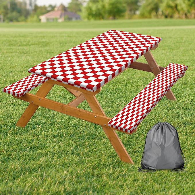 Picnic Table Cover with Bench Covers and Bag, Red and White Checkered Gingham Buffalo Plaid Camping Tablecloth Waterproof Windproof Elastic Edges Fitted Tablecloths for Outdoor Garden 3PCS 30x60 Inch