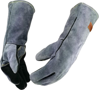 WZQH 14 Inches,932℉,Leather Welding Gloves medium, Heat/Fire Resistant,Medium Mitts for BBQ,Oven,Grill,Fireplace,Tig,Mig,Forge,Baking,Furnace,Stove,Pot Holder,Animal Handling Glove.M Black-gray