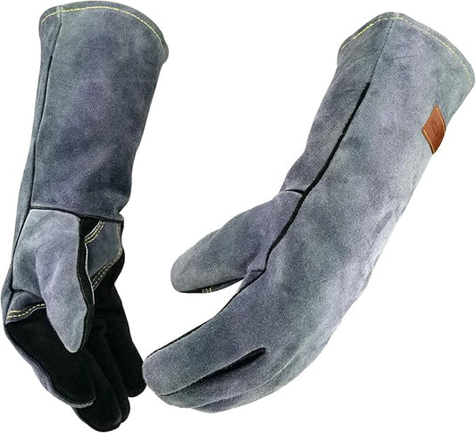 WZQH 14 Inches,932℉,Leather Welding Gloves medium, Heat/Fire Resistant,Medium Mitts for BBQ,Oven,Grill,Fireplace,Tig,Mig,Forge,Baking,Furnace,Stove,Pot Holder,Animal Handling Glove.M Black-gray