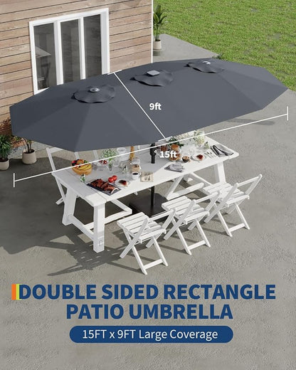 GarveeLife 15 ft Large Patio Umbrella with Lights, 36 LED Lights Double-sided Patio Umbrella with Weighted Base for Poolside Garden Backyard