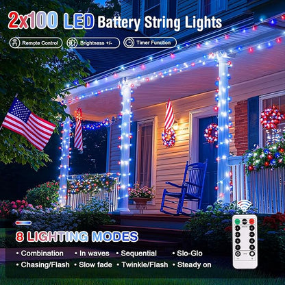 JMEXSUSS 2 Pack Red White and Blue Lights Outdoor, Each 33ft 100 LED | 4th of July Lights Battery Operated, 8 Modes Patriotic Decorations for Indoor outside Independence Day American Flag Holiday