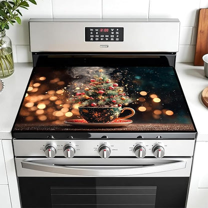 Christmas Multi-Design Stove Cover for Glass/Electric Stoves - 3-in-1 Heat-Resistant Protector Mat, Non-Slip Drying Rack 28"x20"