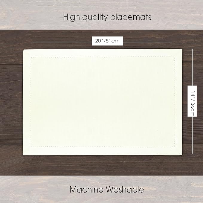 Urban Villa Placemats for Dining Table 100% Cotton Placemats 14''x20'' Over Sized Tablemats Set of 6 Placemats Hemstitch Ivory Tablemats for Family Dinners Wedding Parties Placemats