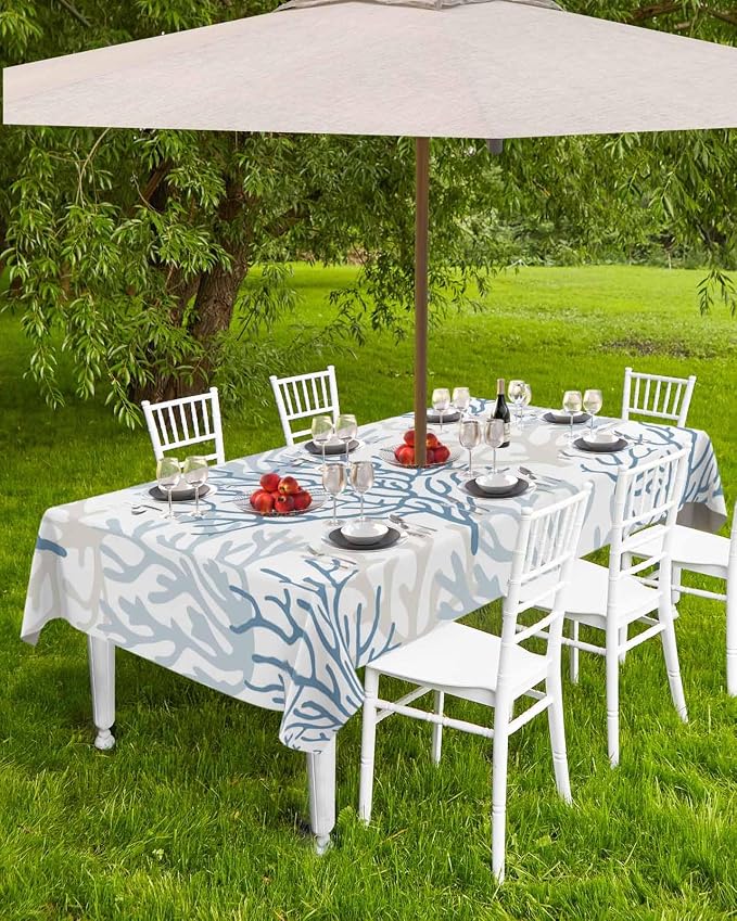 Blue Grey Coral Coastal Outdoor Tablecloth - 60x84 Inch Rectangle Waterproof Dining Table Cover, Summer Beach Seaside Nautical Outdoor Table Cloth with Umbrella Hole & Zipper for Patio