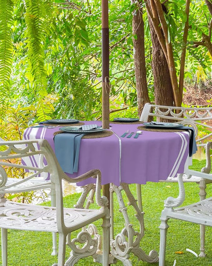 QueenKer Farmhouse Outdoor Tablecloth with Umbrella Hole, Purple White Stripe Round Tables Zippered Table Cloth Waterproof Tabletop Table Cover Collection for Patio, Garden, Picnic, Camping, Dining