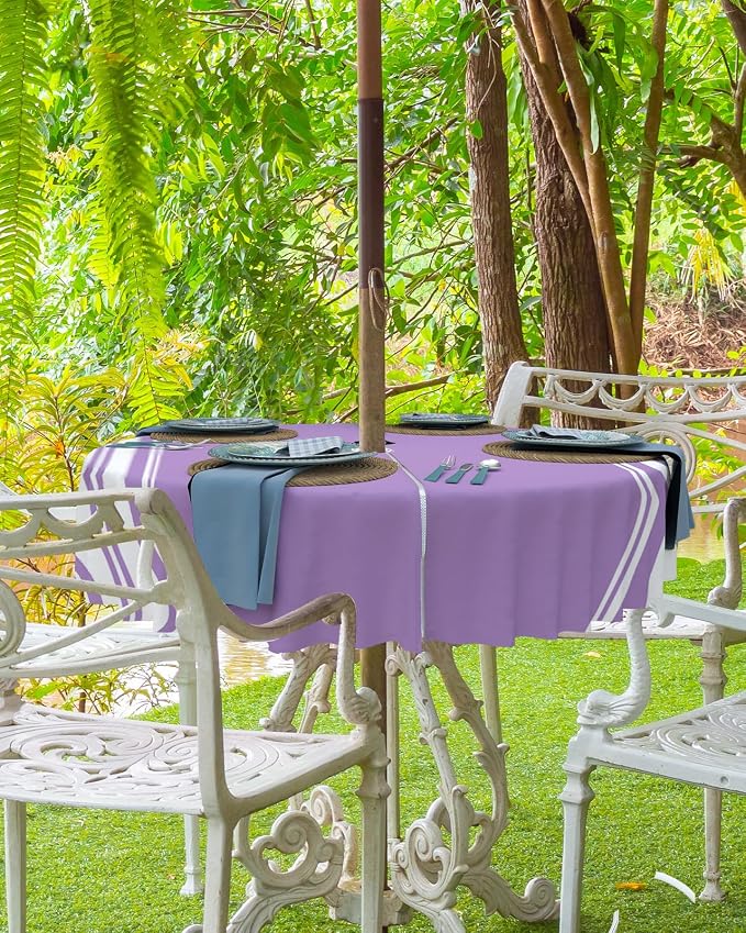 QueenKer Farmhouse Outdoor Tablecloth with Umbrella Hole, Purple White Stripe Round Tables Zippered Table Cloth Waterproof Tabletop Table Cover Collection for Patio, Garden, Picnic, Camping, Dining
