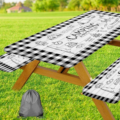 JAWO Black White Buffalo Plaid Picnic Table Cover with Bench Covers, Camper RV Essentials Gear Supplies Outdoor Waterproof Windproof Tablecloth with Elastic, 30X96in