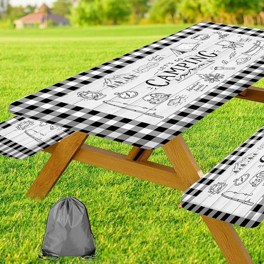JAWO Black White Buffalo Plaid Picnic Table Cover with Bench Covers, Camper RV Essentials Gear Supplies Outdoor Waterproof Windproof Tablecloth with Elastic, 30X96in