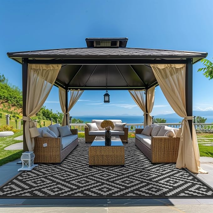 GENIMO Outdoor Rug, Waterproof Plastic Rugs 10'x20' for Camping Black Grey | Outside Larger Modern Carpet Mat for Patio Decor, RV, Porch, Camper, Deck, Picnic, Beach, Backyard, Reversible, Foldable