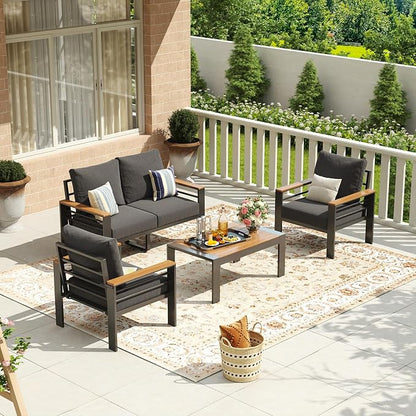 Aoxun Aluminum Patio Furniture Set 4 Seats, Oversized Outdoor Sectional with Washable Cushions, Coffee Table, Patio Conversation Sets for Porch, Balcony, Deck, Dark Gray