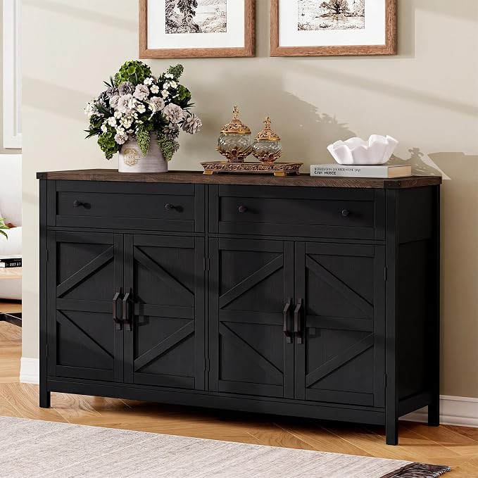 ChooChoo 55" W Coffee Bar Cabinet, Kitchen Storage Cabinet with 2 Drawers | Farmhouse Sideboard Buffet Cabinet, Adjustable Shelf & 4 Doors, Vintage Black