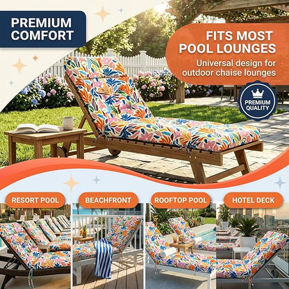 MAGIC ELEPHANT Chaise Lounge Cushion Outdoor, Memory Foam Patio Lounge Chair Cushion with Ties for Outdoor Furniture, 74 x 22 x 4 Inch (Multicolor Leaves)