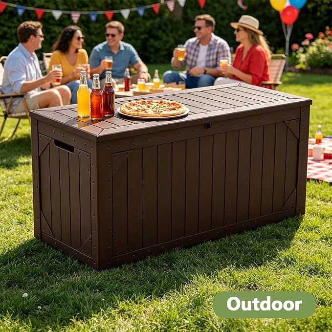 Outdoor Storage Box, 95 Gallon Deck Box Outdoor Storage Bench, Outside Waterproof Resin Storage Bench, Lockable Patio Cushions, Garden Tools Storage for Furniture, UV Resistant (Brown)