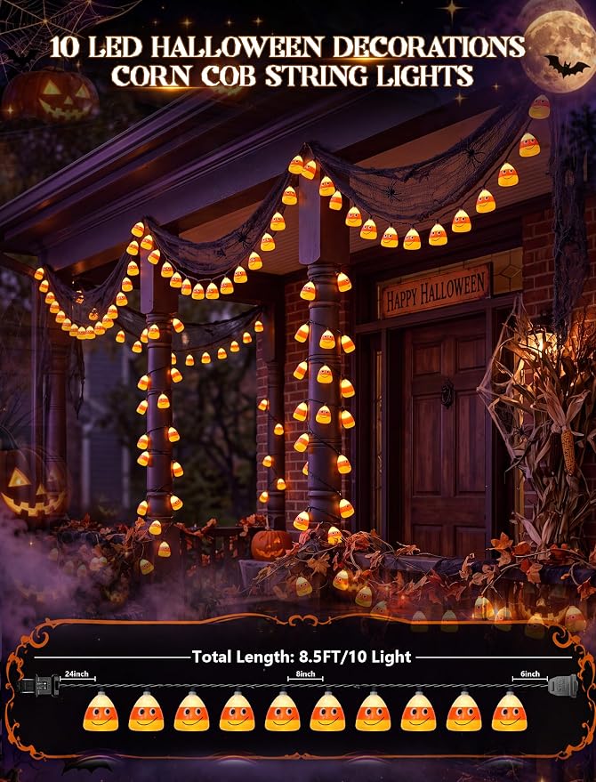 8.5FT Corn Husks Halloween String Lights, 10 LED Fall Harvest Decor Plug in | Shatterproof & Waterproof, Connect End-to-end, 2700K Warm White Glow, UL certified for Home Patio Yard Party Halloween Decor