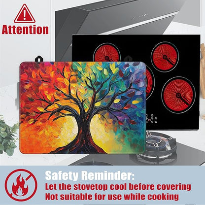 Tree of Life Glass Top Stove Cover Protector,Modern Colorful Tree Heat Resistant Stove Top Cover, Large Size Range Covers for Electric Stove Countertop Mat, 28 x 20 Inch