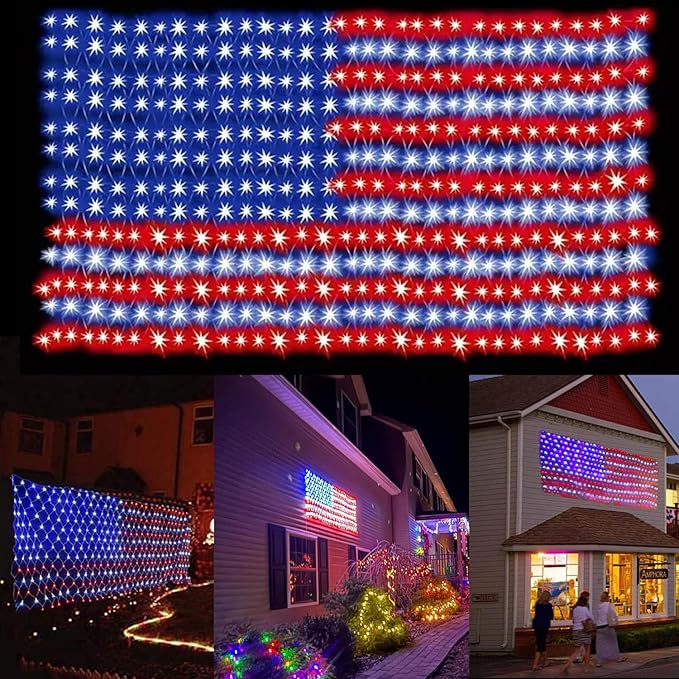 (Upgraded) American Flag Net Lights, 4th of July Decorations, 420 LED USA Flag Lights, Outdoor Waterproof Patriotic Ornament for Independence Day, National Day, Memorial Day Decor (Plug-in 110V)