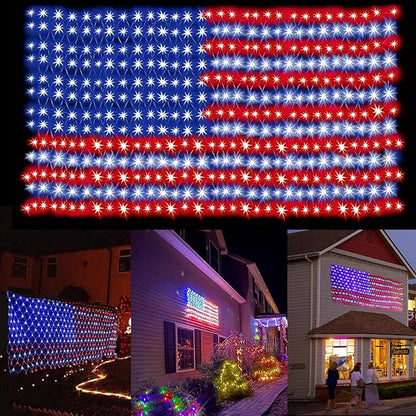 (Upgraded) American Flag Net Lights, 4th of July Decorations, 420 LED USA Flag Lights, Outdoor Waterproof Patriotic Ornament for Independence Day, National Day, Memorial Day Decor (Plug-in 110V)