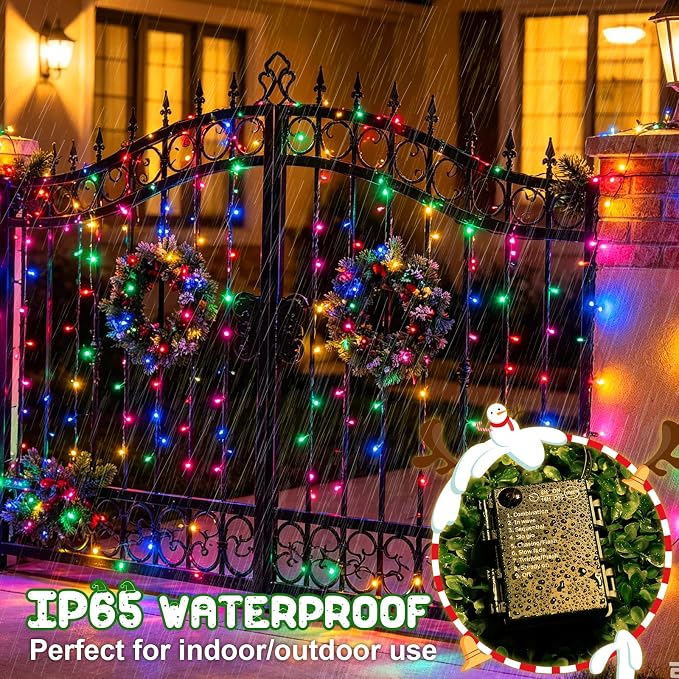 Christmas Lights Indoor Battery Operated String Lights Total 100LED 33Ft with Timer 8 Modes 16.4Ft*2 Waterproof Outdoor Indoor for Christmas Decor, Multicolor, 2-Pack