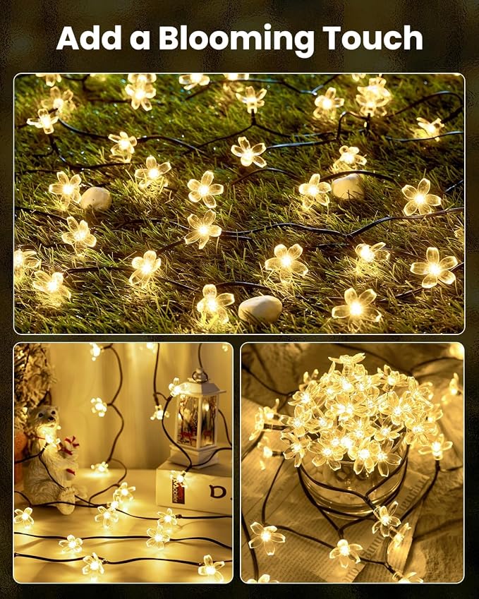 Brightown 60 LED Flower Solar String Lights Outdoor Waterproof, Fairy Lights for Garden Yard Fence Patio Christmas Tree Wedding Party Decor, Warm Whtie, 2 Pack
