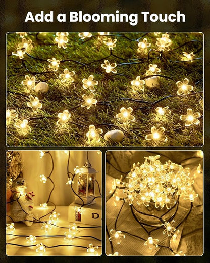 Brightown 60 LED Flower Solar String Lights Outdoor Waterproof, Fairy Lights for Garden Yard Fence Patio Christmas Tree Wedding Party Decor, Warm Whtie, 2 Pack